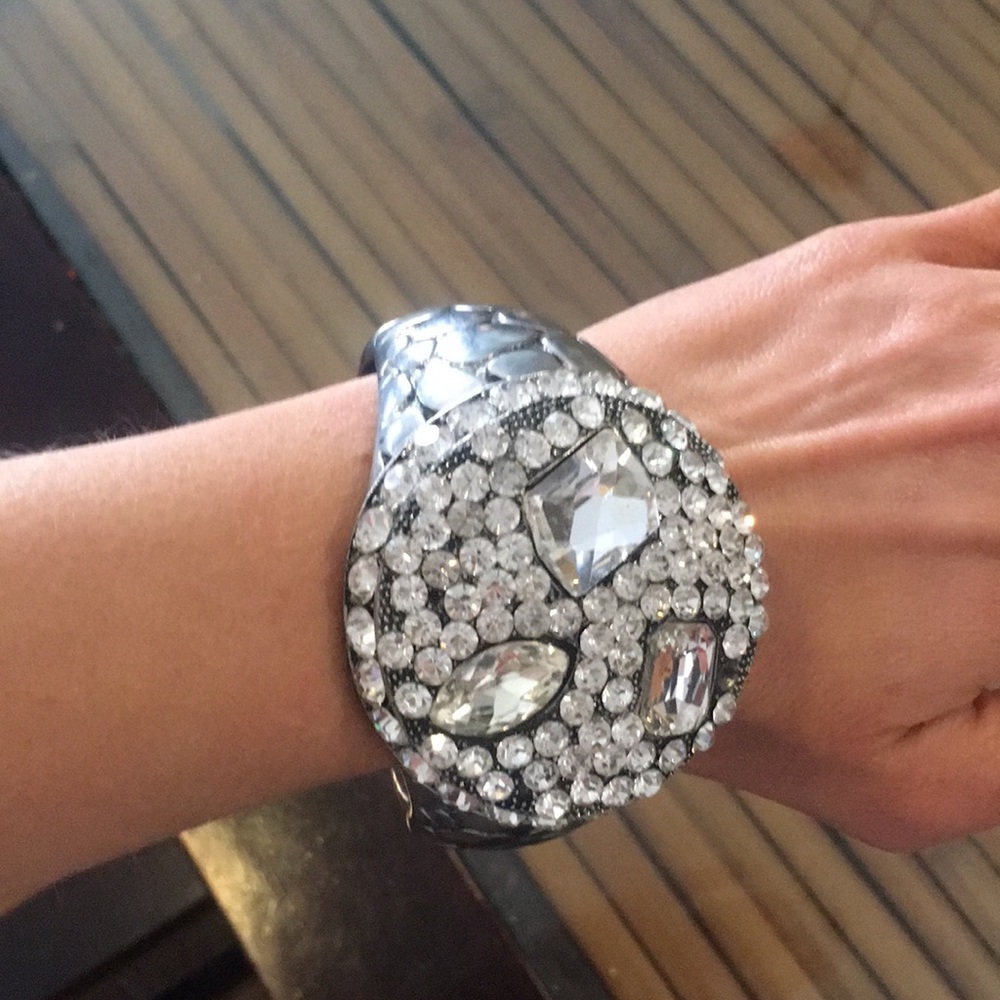 Statement, Oversized Rhinestone Silver Bracelet - image 1